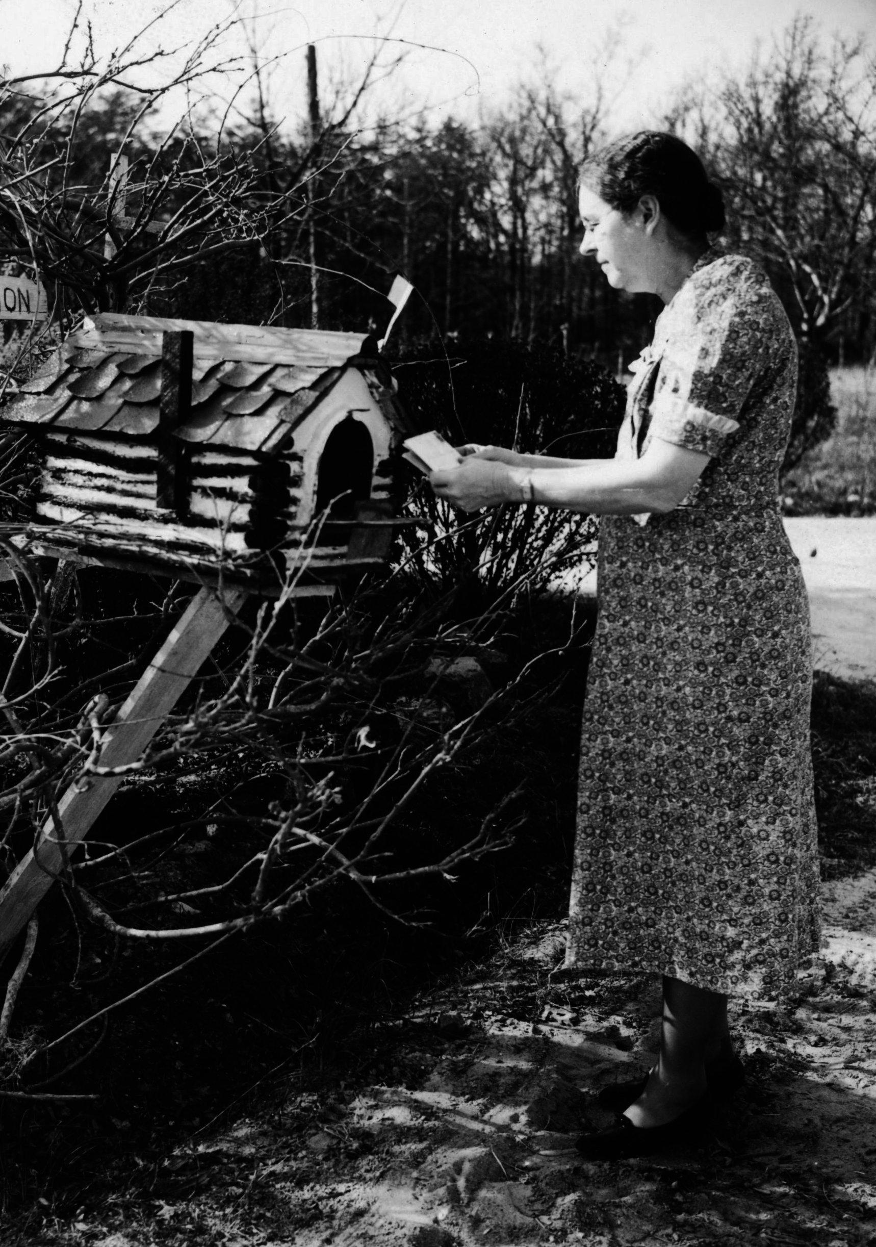 Ruth is checking the letter at her mailbox.
